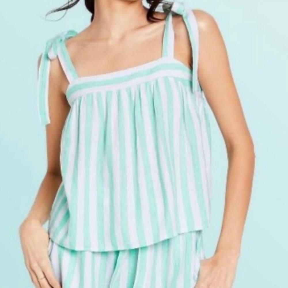 🆕️ 🌴Stoney Clover x Target🌴 - Green/White Stripe Linen Blend Tie Shoulder Top - Picture 2 of 10